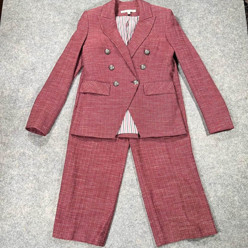 Veronica Beard Pant Suit Womens 6 Red Herringbone Wool Double Breasted Luxury